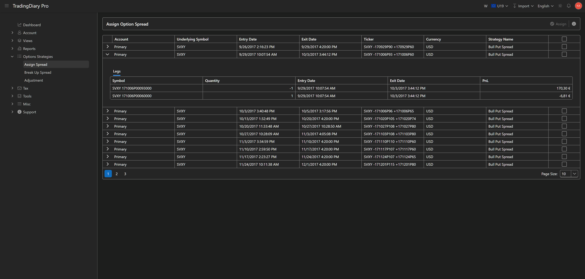 TradingDiary Pro — Assign Option Spread screen showing legs grouped into strategies